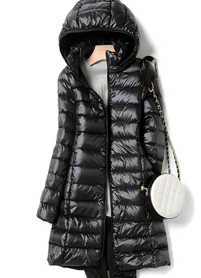 Hannah | Damen Winterjacke Leichte Lange Steppjacke Abnehmbare Kapuze