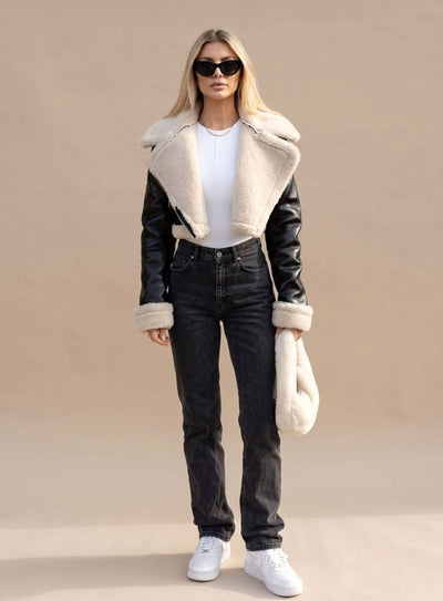 Nora | Damen Wintermantel Kunstleder Teddyjacke Cropped Bikerjacke
