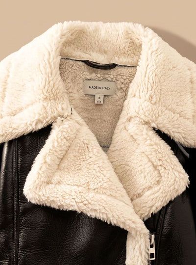Nora | Damen Wintermantel Kunstleder Teddyjacke Cropped Bikerjacke