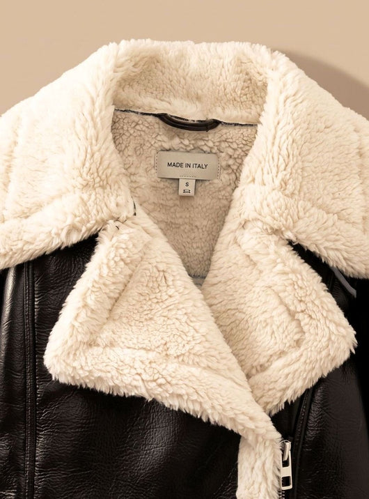 Nora | Damen Wintermantel Kunstleder Teddyjacke Cropped Bikerjacke