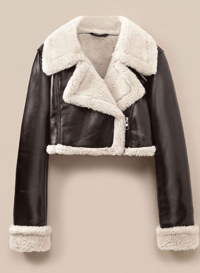 Nora | Damen Wintermantel Kunstleder Teddyjacke Cropped Bikerjacke