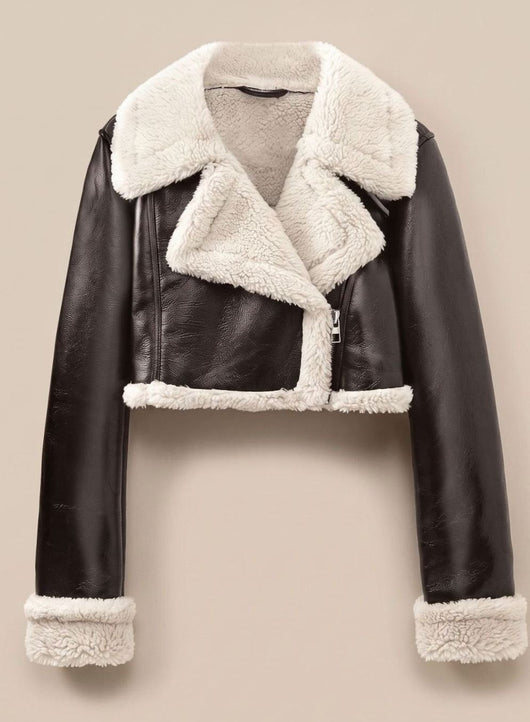 Nora | Damen Wintermantel Kunstleder Teddyjacke Cropped Bikerjacke