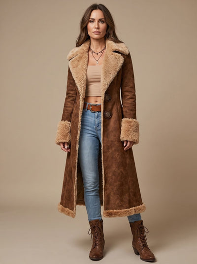 Marie | Damen Wintermantel Langer Wildleder-Kunstfell Mantel Oberbekleidung