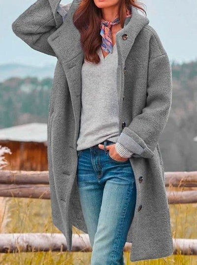 Mia | Damen Wintermantel mit Kapuze und Knöpfen aus weichem Wollstoff