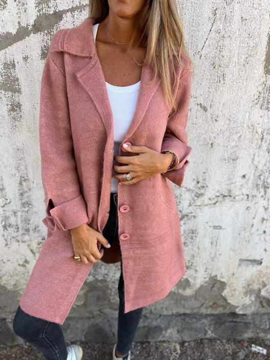 Nora | Damen Women Coat Lässiger Langer Mantel mit Revers und Knöpfen