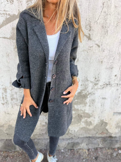 Nora | Damen Women Coat Lässiger Langer Mantel mit Revers und Knöpfen