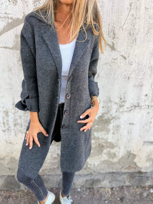 Nora | Damen Women Coat Lässiger Langer Mantel mit Revers und Knöpfen