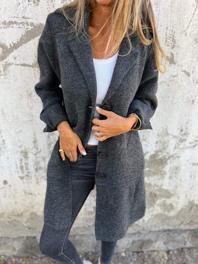 Nora | Damen Women Coat Lässiger Langer Mantel mit Revers und Knöpfen