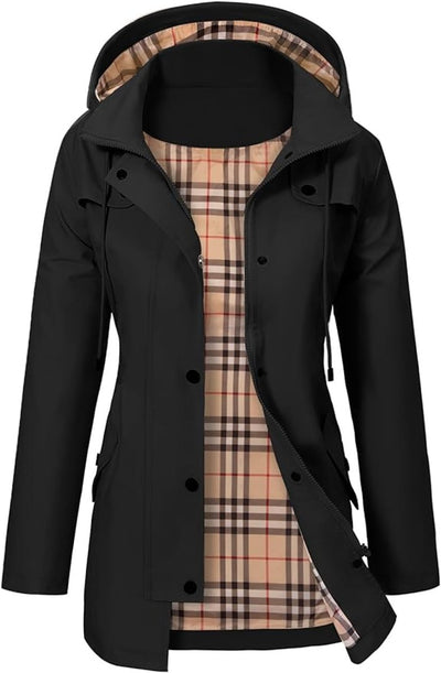Elisabeth | Damen Women Coat Wasserdichter Kapuzen-Regenmantel Kariertes Fleecefutter