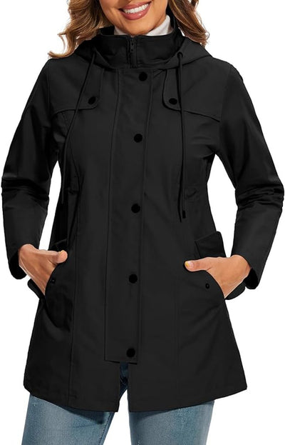 Elisabeth | Damen Women Coat Wasserdichter Kapuzen-Regenmantel Kariertes Fleecefutter