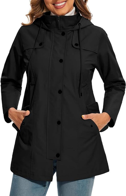 Elisabeth | Damen Women Coat Wasserdichter Kapuzen-Regenmantel Kariertes Fleecefutter