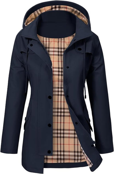 Elisabeth | Damen Women Coat Wasserdichter Kapuzen-Regenmantel Kariertes Fleecefutter