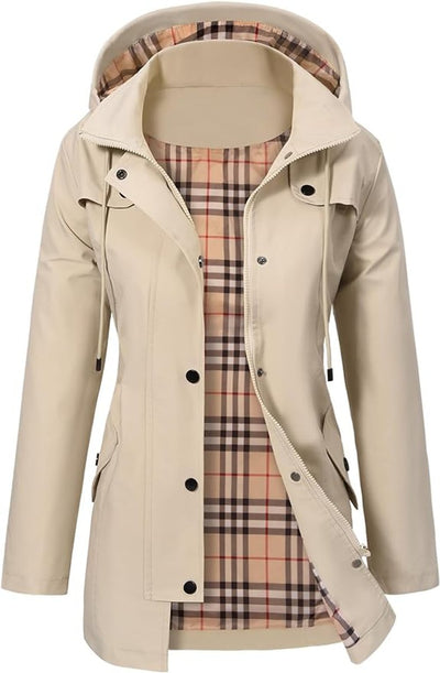 Elisabeth | Damen Women Coat Wasserdichter Kapuzen-Regenmantel Kariertes Fleecefutter