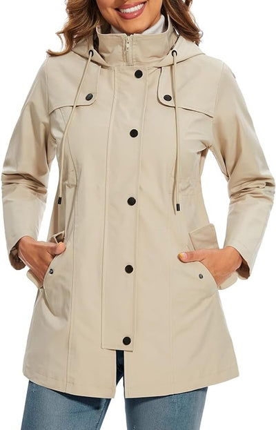 Elisabeth | Damen Women Coat Wasserdichter Kapuzen-Regenmantel Kariertes Fleecefutter