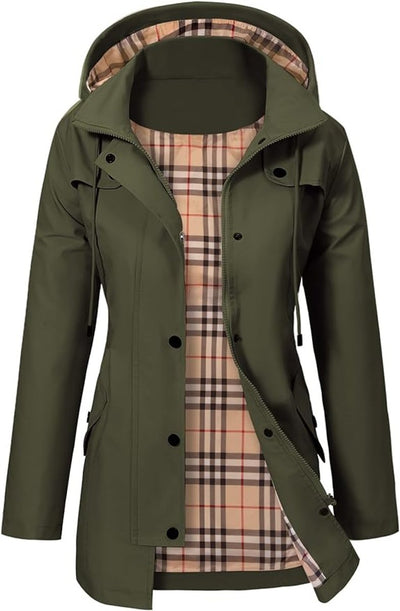 Elisabeth | Damen Women Coat Wasserdichter Kapuzen-Regenmantel Kariertes Fleecefutter