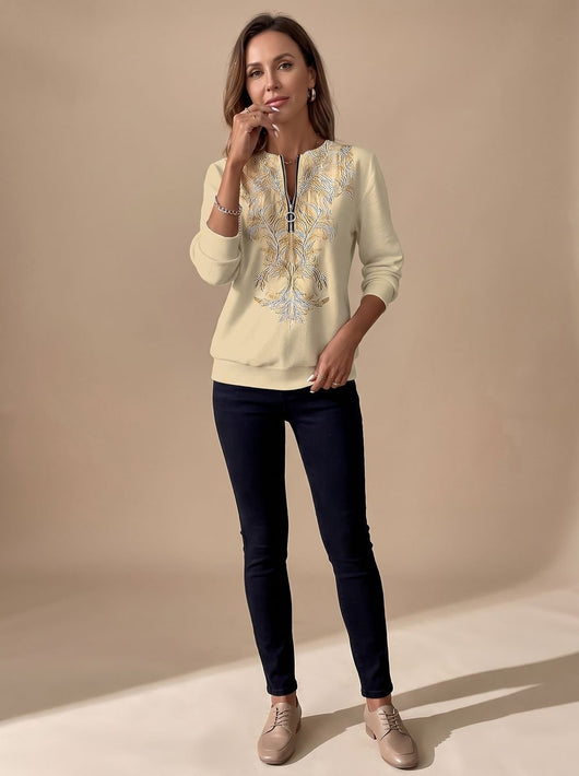 Emilia | Damen Zip-Slim-Fit-Pullover mit Blumenmuster und Reißverschluss