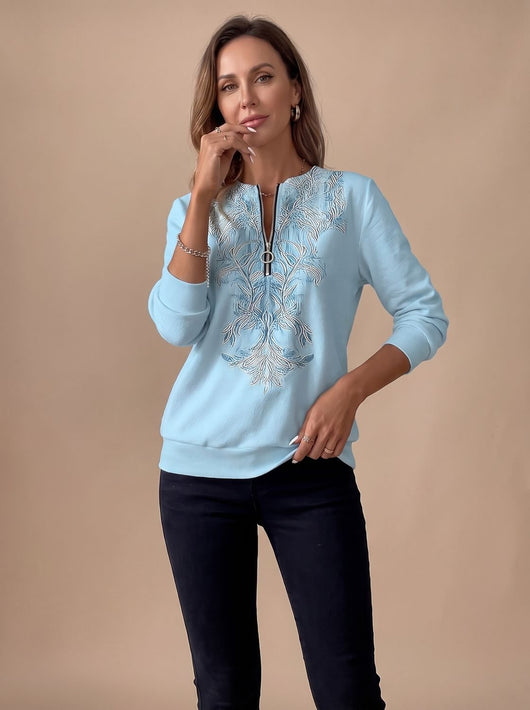Emilia | Damen Zip-Slim-Fit-Pullover mit Blumenmuster und Reißverschluss