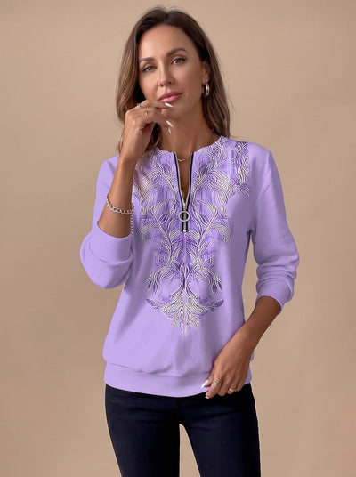 Emilia | Damen Zip-Slim-Fit-Pullover mit Blumenmuster und Reißverschluss