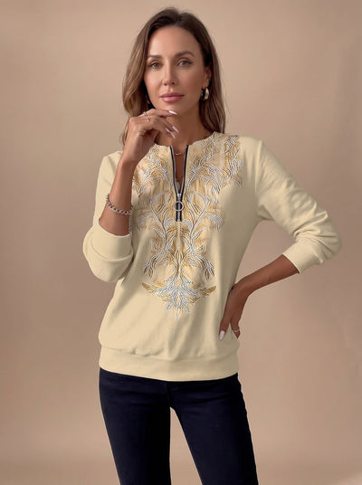 Emilia | Damen Zip-Slim-Fit-Pullover mit Blumenmuster und Reißverschluss