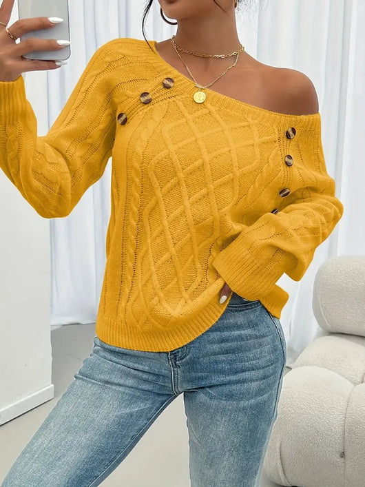 Leonie | Damen Zopfmuster Knit Sweater Rundhals Raglanärmel mit Knöpfen