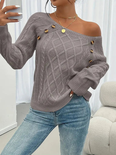 Leonie | Damen Zopfmuster Knit Sweater Rundhals Raglanärmel mit Knöpfen