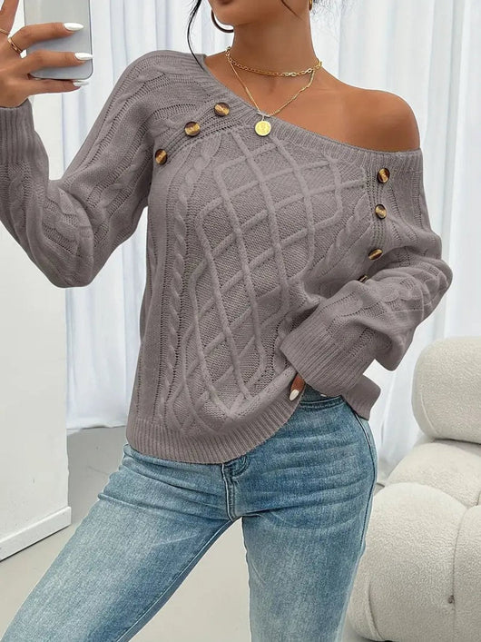Leonie | Damen Zopfmuster Knit Sweater Rundhals Raglanärmel mit Knöpfen