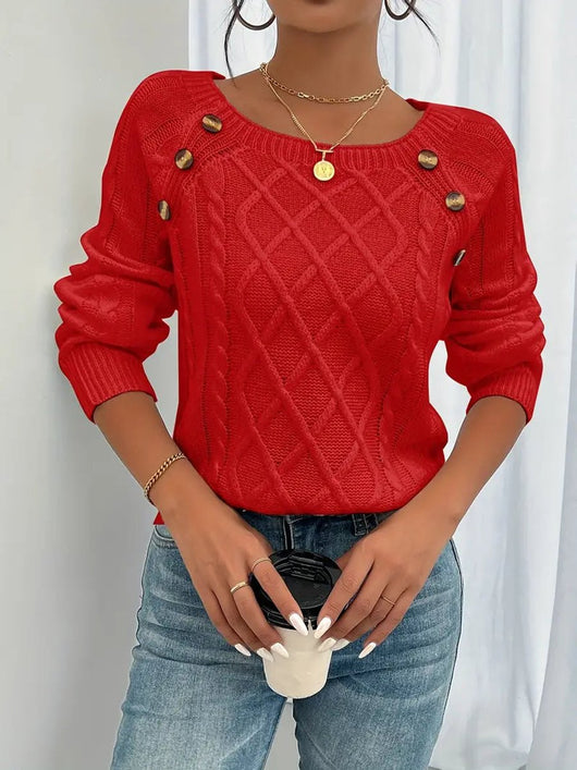 Leonie | Damen Zopfmuster Knit Sweater Rundhals Raglanärmel mit Knöpfen
