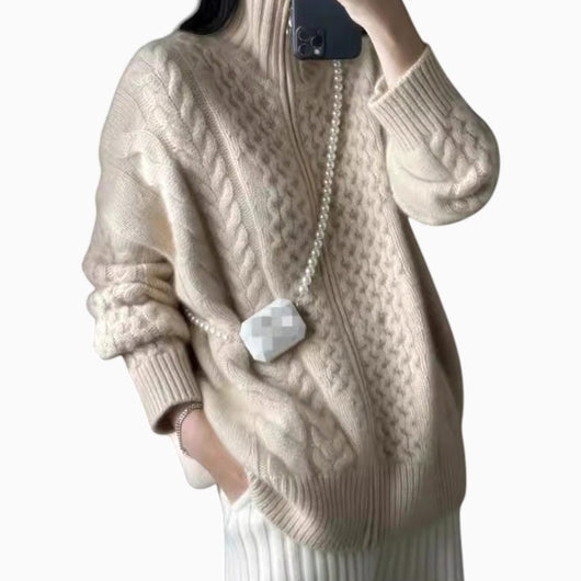 Mia | Damen Zopfmuster-Strickpullover mit Reißverschluss Oversize