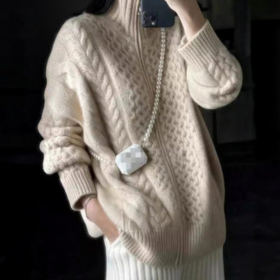 Mia | Damen Zopfmuster-Strickpullover mit Reißverschluss Oversize