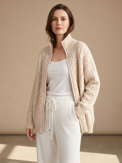 Mia | Damen Zopfmuster-Strickpullover mit Reißverschluss Oversize