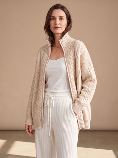 Mia | Damen Zopfmuster-Strickpullover mit Reißverschluss Oversize