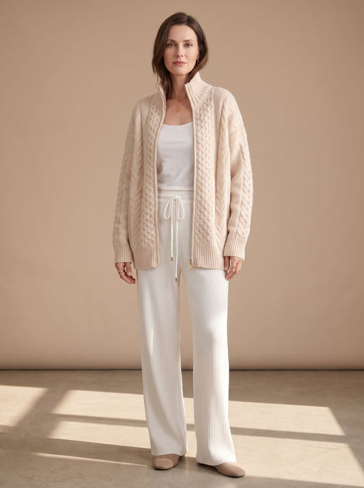 Mia | Damen Zopfmuster-Strickpullover mit Reißverschluss Oversize