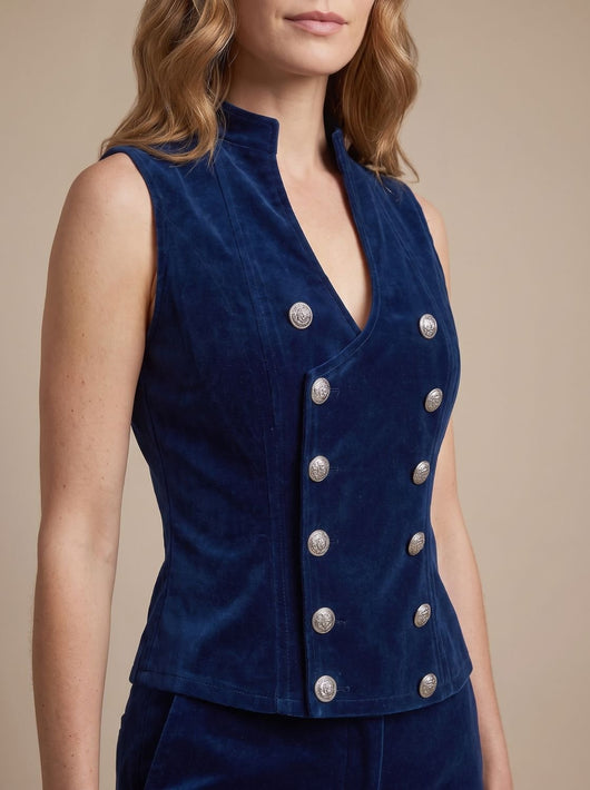 Greta | Damen Zweireiher Samt-Weste im Military-Stil tailliert