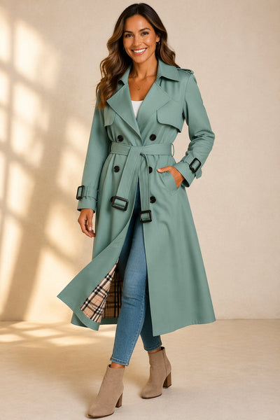 Mia | Damen Zweireihiger Langer Trenchcoat Taillengürtel