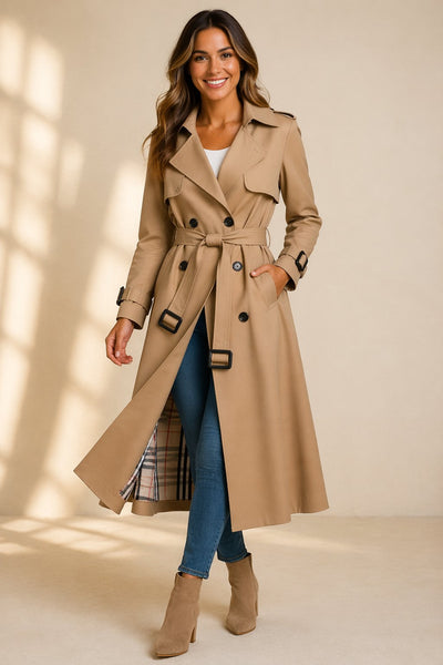 Mia | Damen Zweireihiger Langer Trenchcoat Taillengürtel