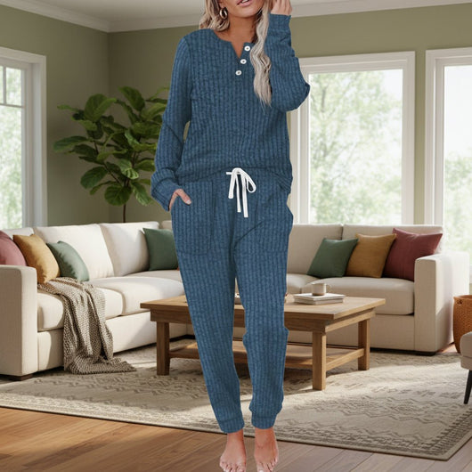 Annika | Damen Zweiteiliges Loungewear-Set Langarm Rippenstruktur Kordelzug