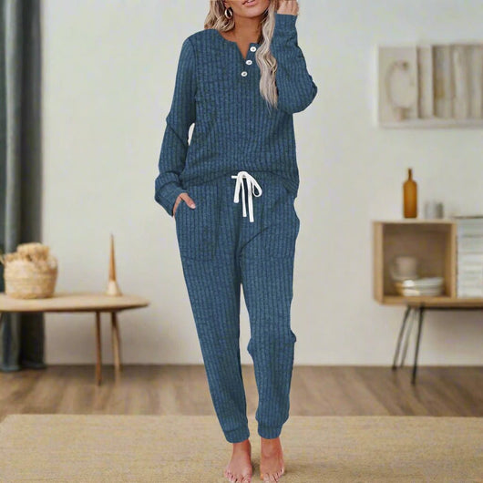 Annika | Damen Zweiteiliges Loungewear-Set Langarm Rippenstruktur Kordelzug