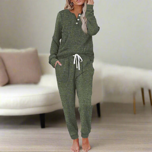 Annika | Damen Zweiteiliges Loungewear-Set Langarm Rippenstruktur Kordelzug
