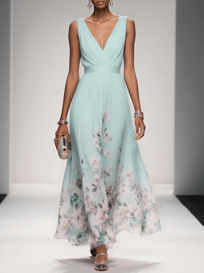 Carolin | Damen Florales Chiffon Sommer Maxikleid