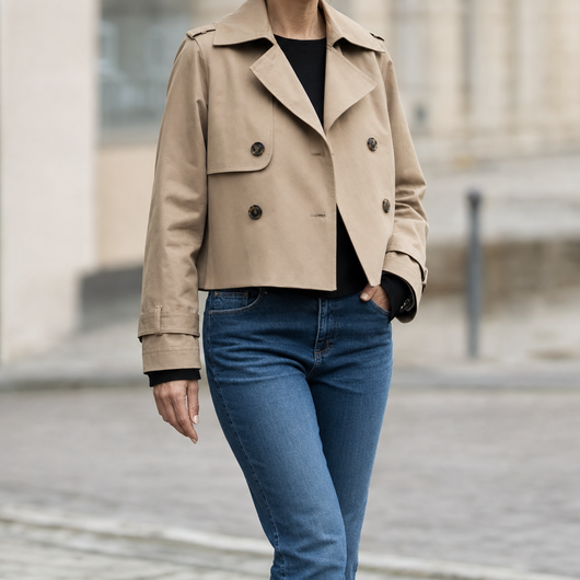 Dorney Vintage Cropped Trench in khaki worn with jeans, front view