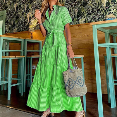 Luisa | Damen Gestreiftes Polo-Kragen Maxi Hemdkleid mit Bindegürtel