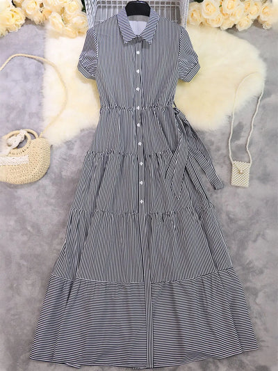 Luisa | Damen Gestreiftes Polo-Kragen Maxi Hemdkleid mit Bindegürtel