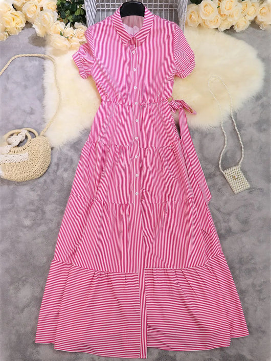Luisa | Damen Gestreiftes Polo-Kragen Maxi Hemdkleid mit Bindegürtel