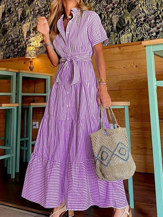 Luisa | Damen Gestreiftes Polo-Kragen Maxi Hemdkleid mit Bindegürtel