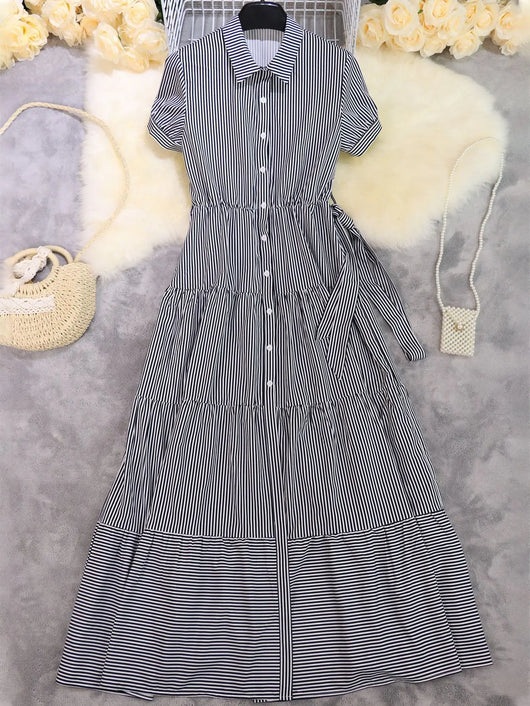 Luisa | Damen Gestreiftes Polo-Kragen Maxi Hemdkleid mit Bindegürtel