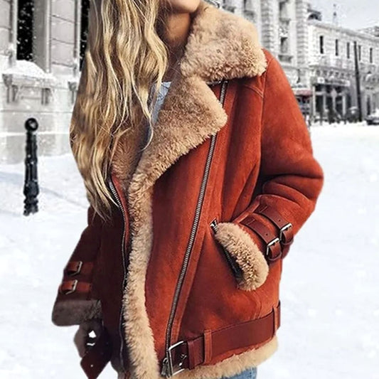 Hannah | Drune Damen Winterjacke Wildleder Lammfell Bikerjacke mit Schnallen