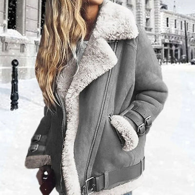 Hannah | Drune Damen Winterjacke Wildleder Lammfell Bikerjacke mit Schnallen