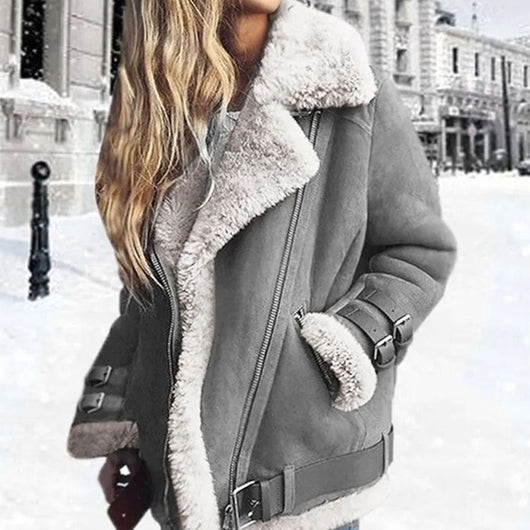 Hannah | Drune Damen Winterjacke Wildleder Lammfell Bikerjacke mit Schnallen