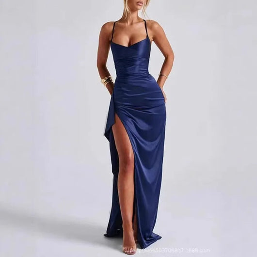 Mia | Damen Geraffte Herzausschnitt Bodycon Satin Maxikleid mit Schlitz