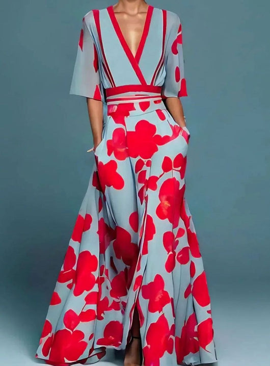 Elfriede | Elegantes Maxi Kleid mit Blumenmuster tiefem V-Ausschnitt fließender Silhouette